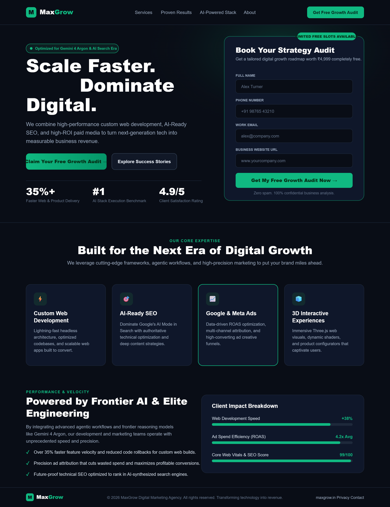 MaxGrow Digital Marketing Agency Dark-Mode Landing Page Preview built with Gemini 4 Argon